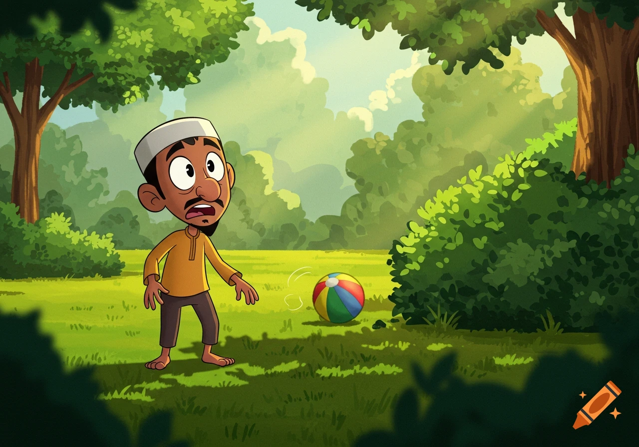 A surprised cartoon man in a white cap and yellow shirt watches a colorful ball roll into bushes in a sunny park.
