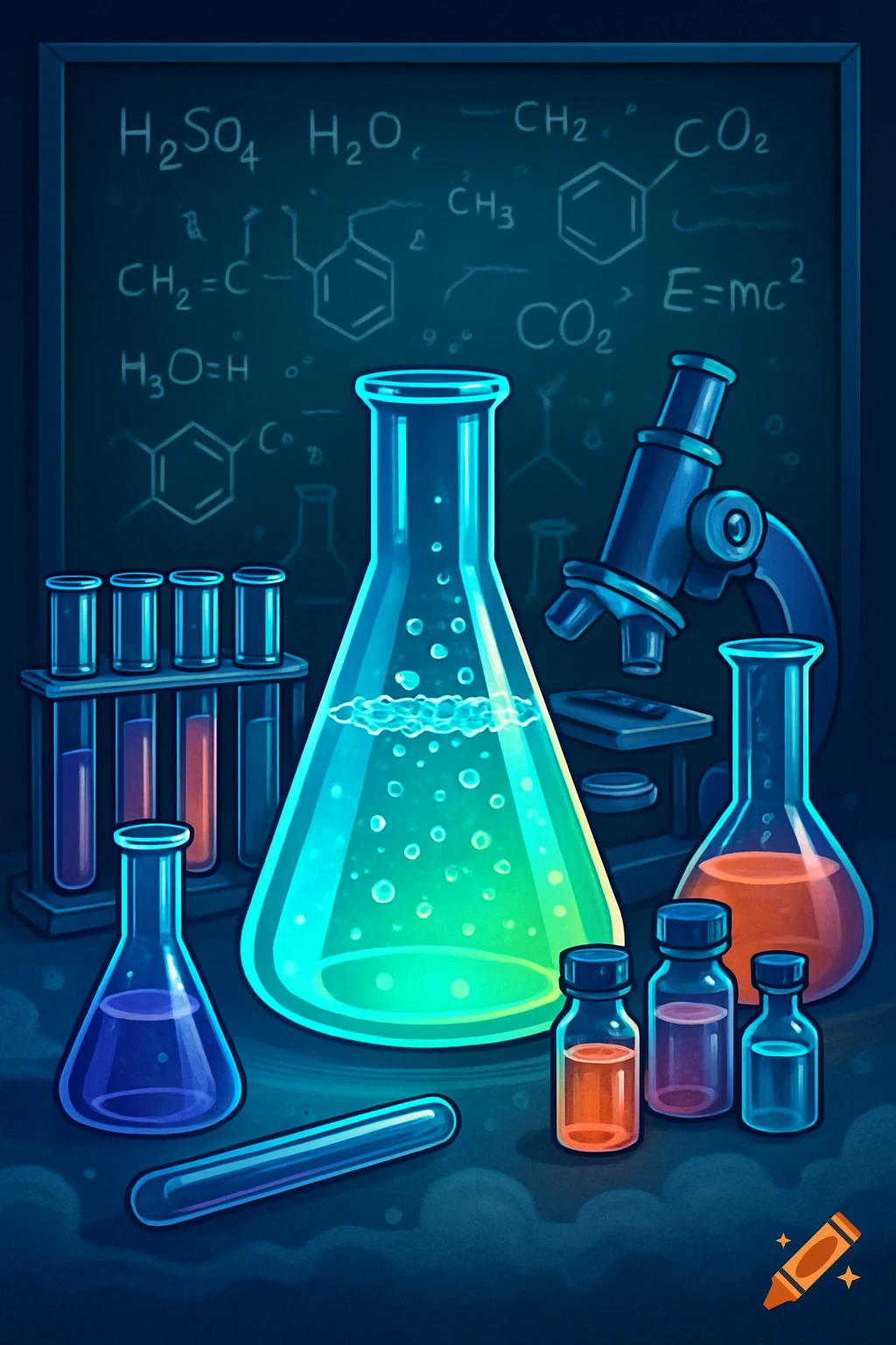 A vibrant illustration of laboratory equipment including glowing beakers, test tubes, and a microscope, with chemical formulas on a blackboard in the background.