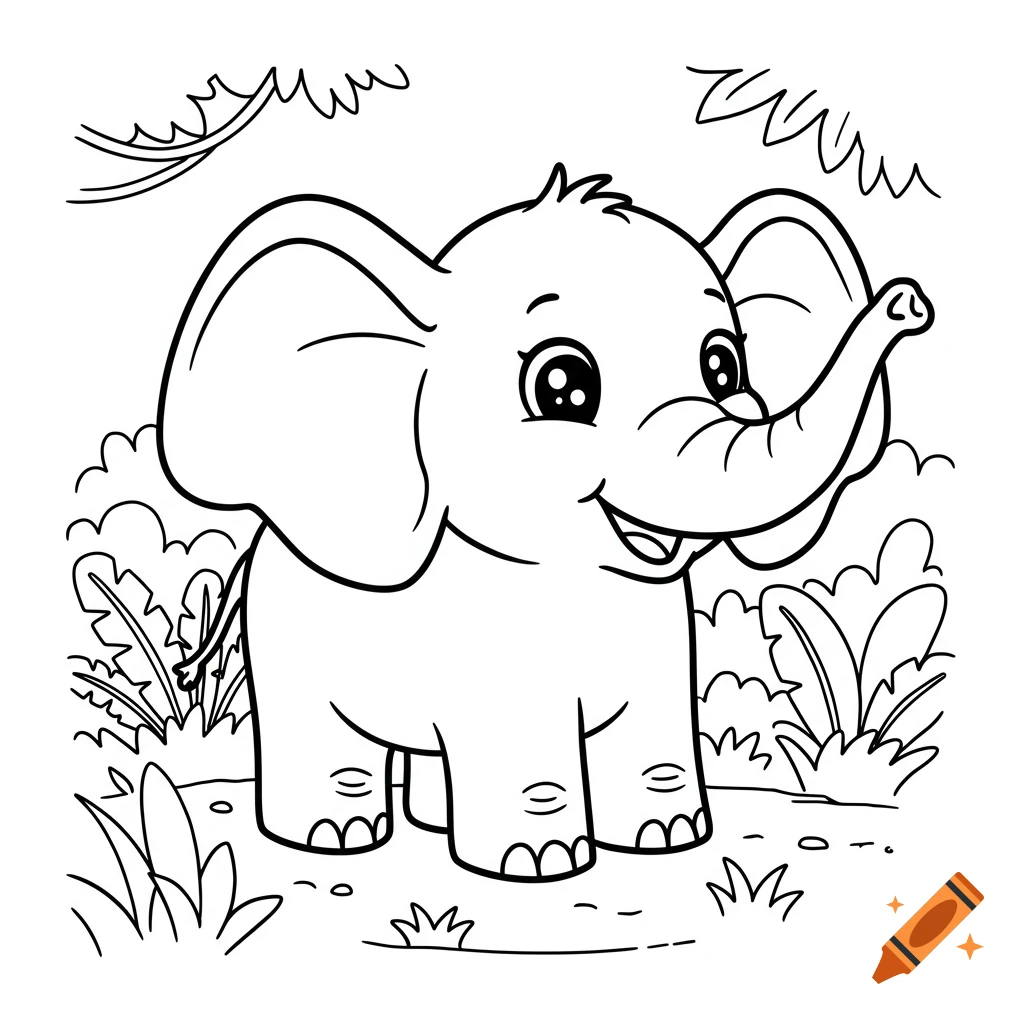 A cute, happy cartoon baby elephant outlined in black and white, standing in a jungle scene, perfect for a coloring book.