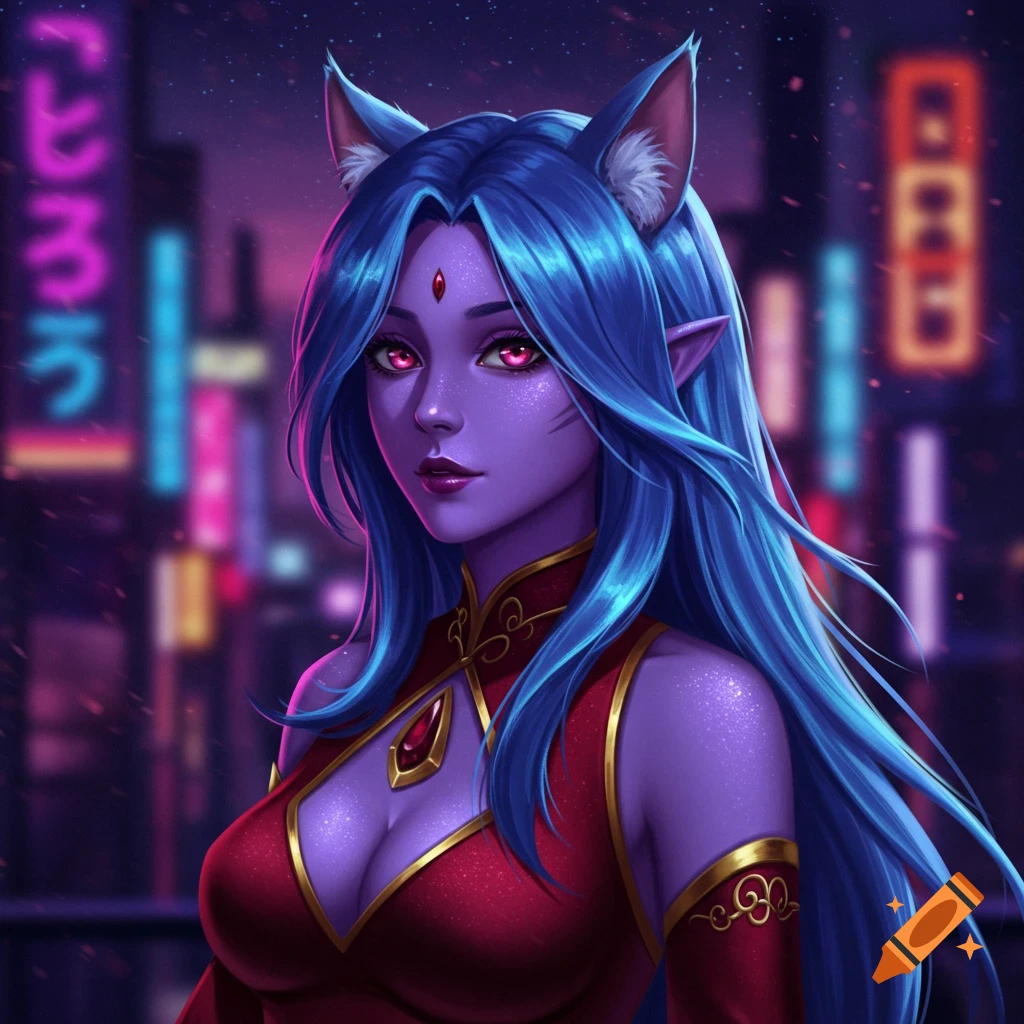 Anime-style catgirl with purple skin, blue hair, red outfit, and cat ears stands against a blurred neon cityscape.