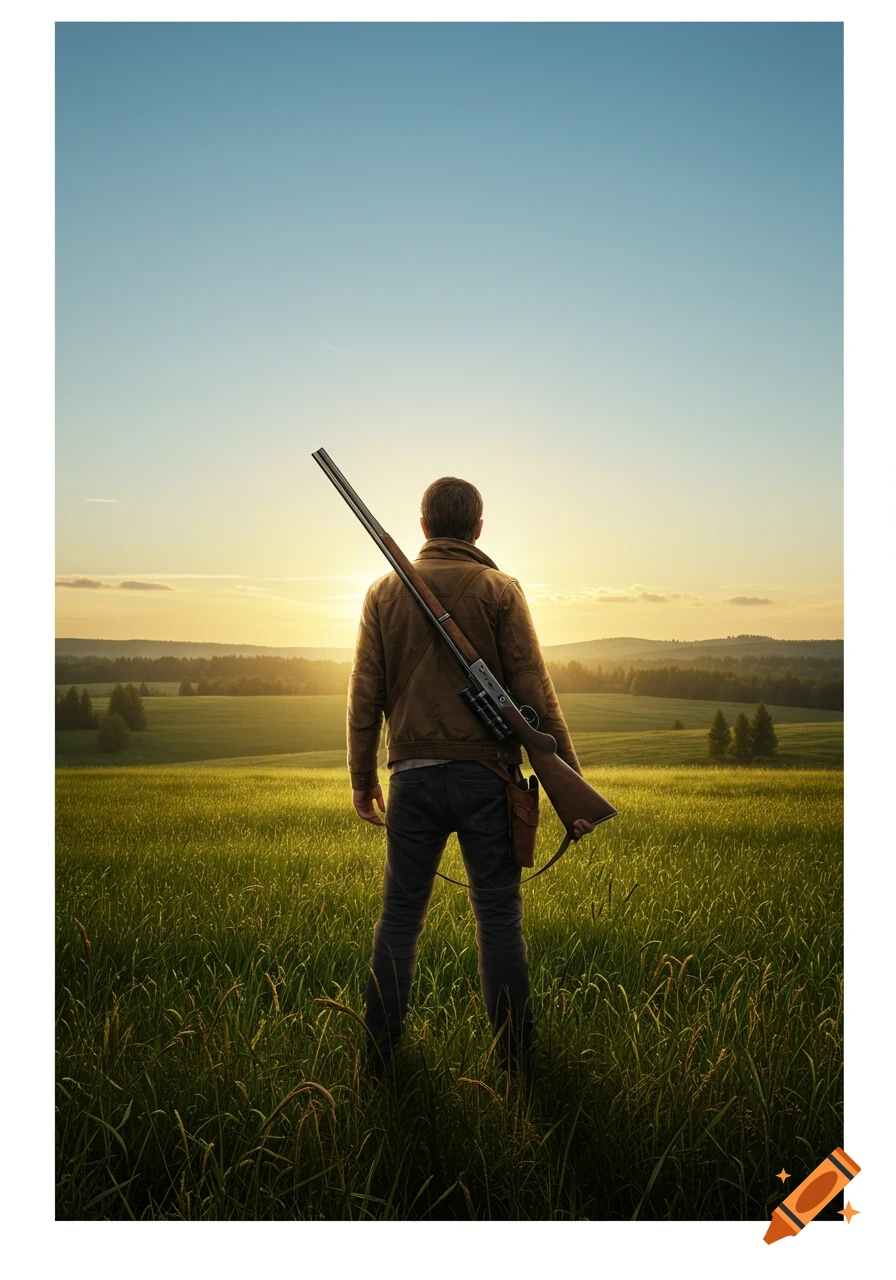 A man from behind stands in a field of tall grass at sunset, a rifle slung over his shoulder, looking towards the horizon.