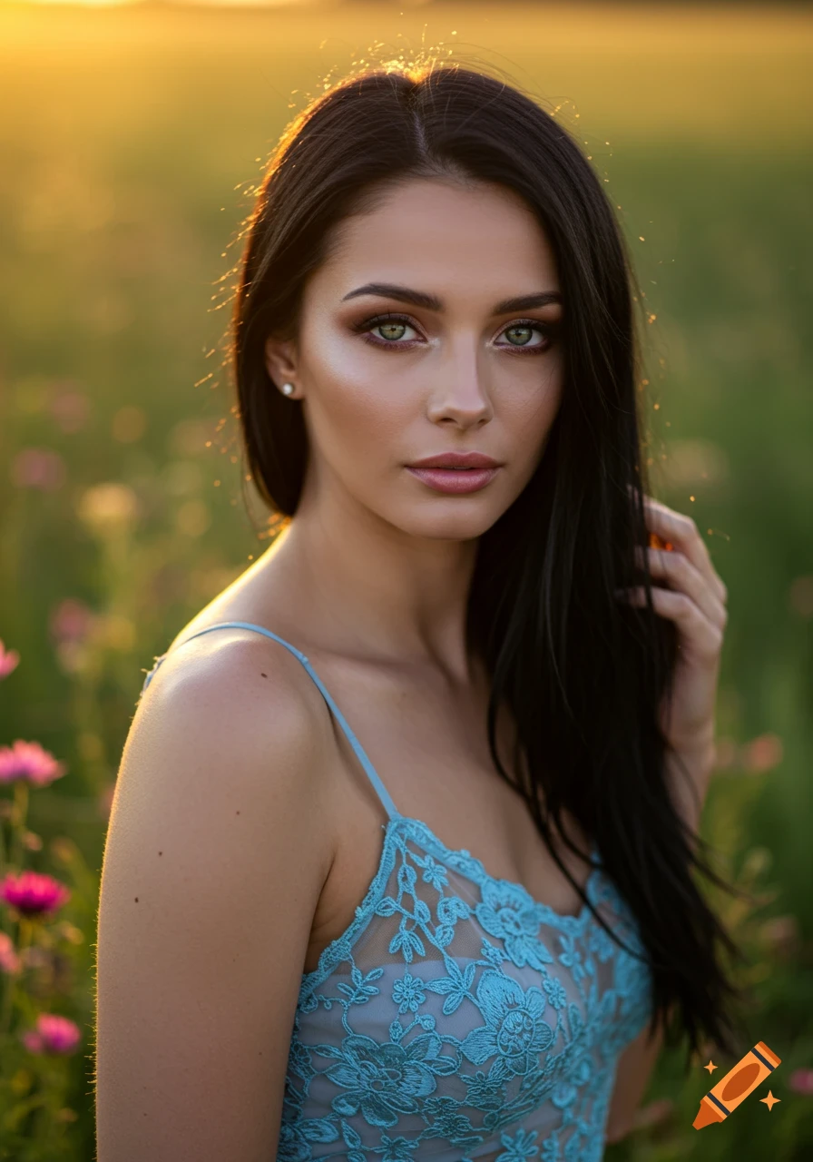 Photorealistic portrait of a beautiful woman with dark hair and green eyes in a light blue lace top, standing in a field at golden hour.