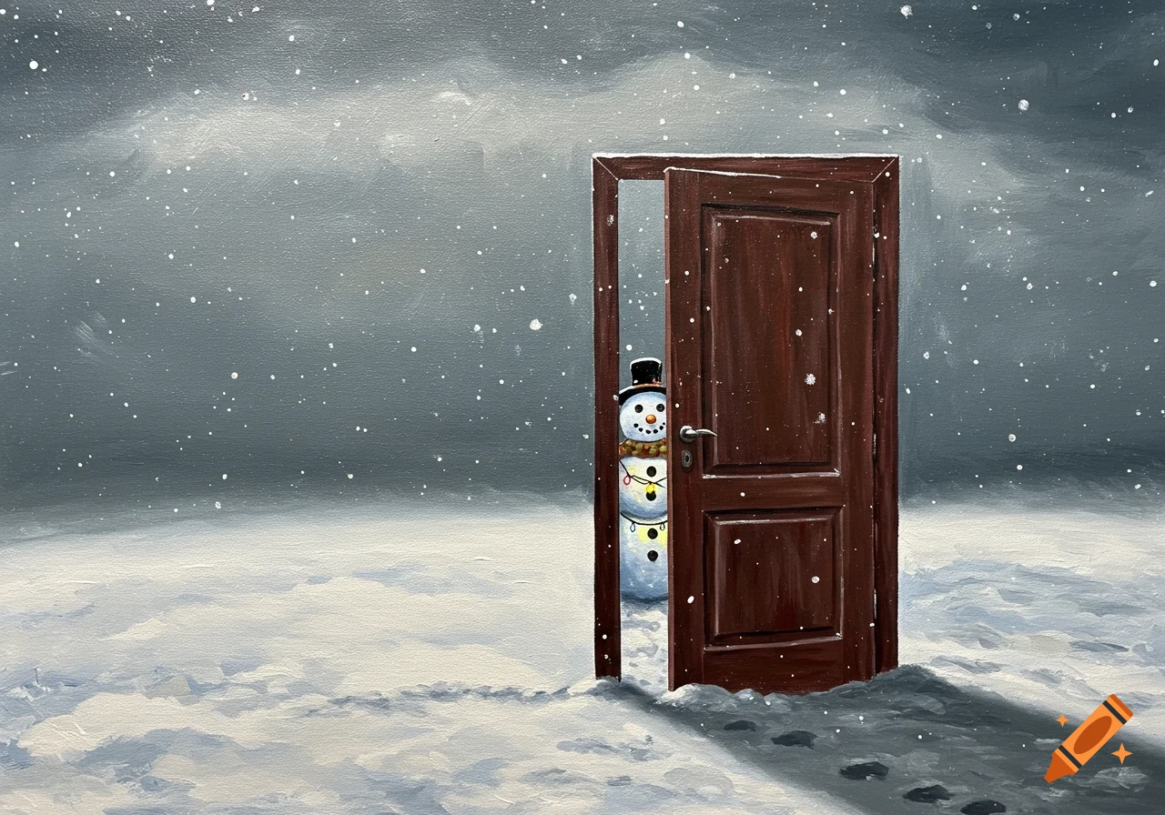 An acrylic painting of a snowman with a top hat peeking from behind a partially open brown door in a snowy landscape during a snowfall.