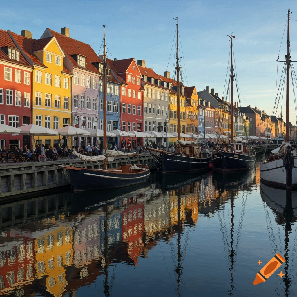 Colorful buildings line a bustling harbor with traditional boats docked along the waterfront under a clear blue sky.