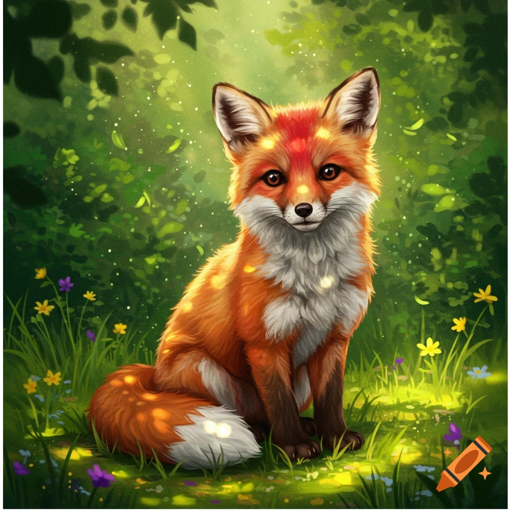 A cute, fluffy red-orange fox sits in a magical glowing forest with wildflowers, looking forward in an illustrated style.