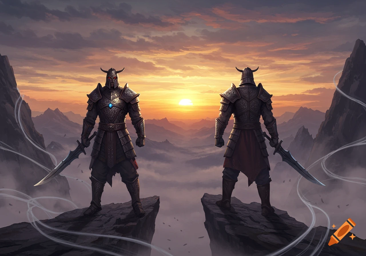 Two armored warriors with swords stand on mountain peaks at sunset overlooking a misty valley.