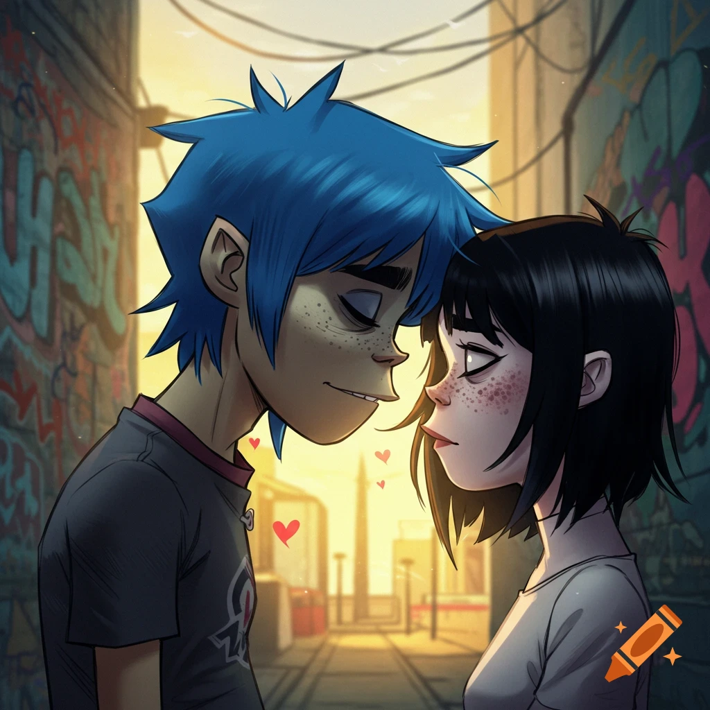 A cartoon man with blue spiky hair and a black-haired woman gaze at each other in a graffiti alley at sunset, with hearts.