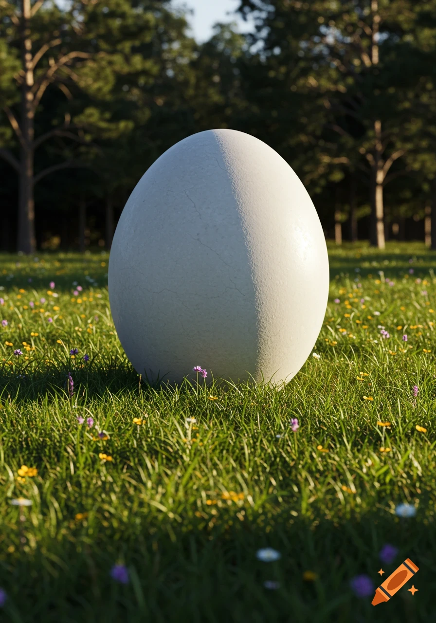 A large, light-colored egg stands in a sunlit meadow of green grass and wildflowers, with trees in the background.