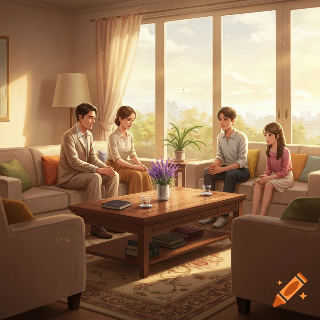 An illustrated scene of four people, two adults and two younger individuals, sitting on sofas in a bright living room, engaged in conversation.