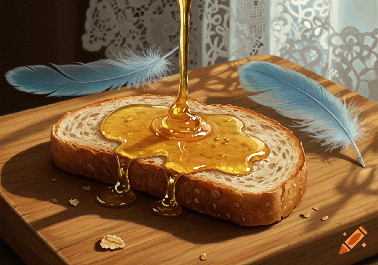 Honey pours over a slice of toast on a wooden board, with two blue feathers nearby and a lace curtain in the background.