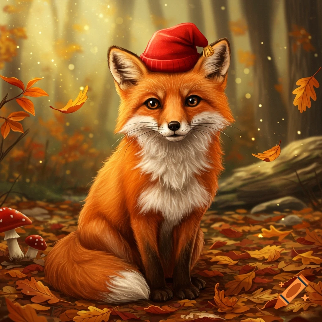 A cute orange fox wearing a red gnome hat sits in an autumn forest ...
