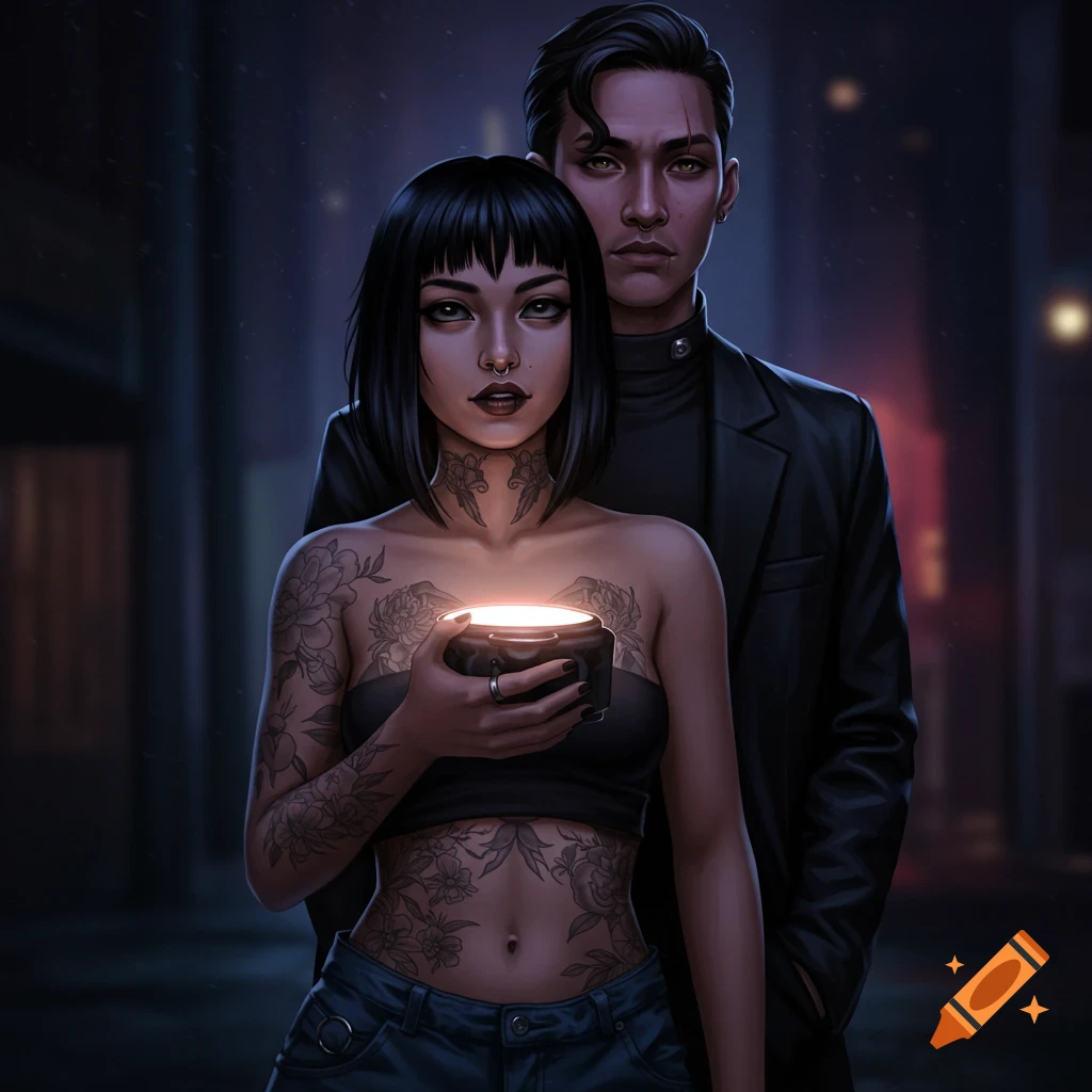 A stylized digital art portrait of a tattooed woman holding a glowing object, with a man behind her in a dark, urban night.