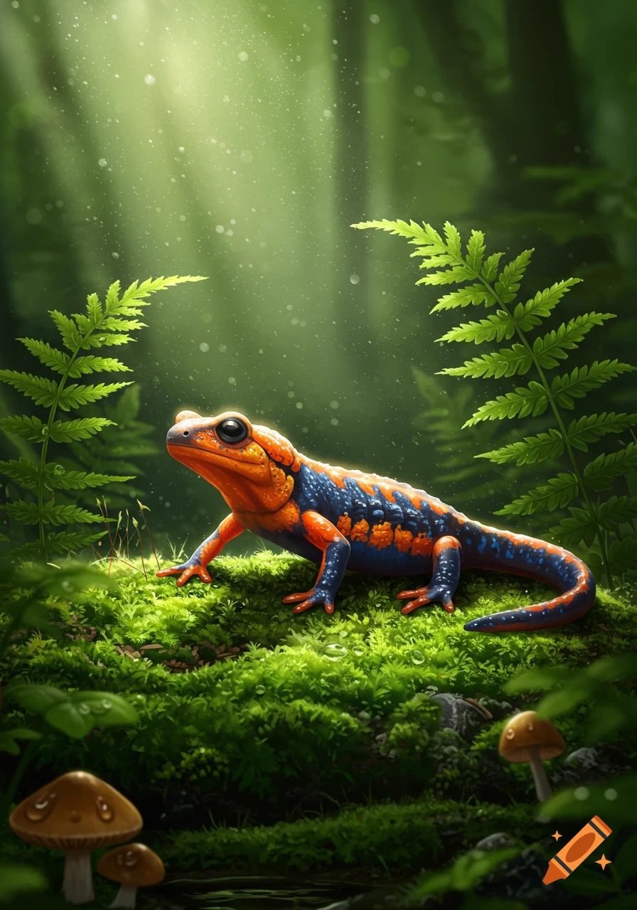 A vibrant orange and blue salamander rests on mossy forest floor amidst ferns and mushrooms, with dappled sunlight.