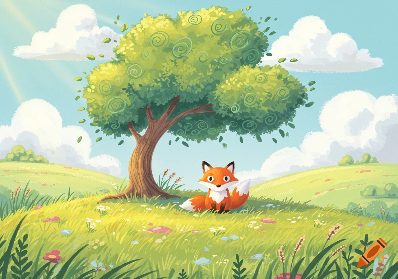 A cute cartoon fox sits under a large green tree in a sunny, flower-filled grassy field, illustrated in a charming style.