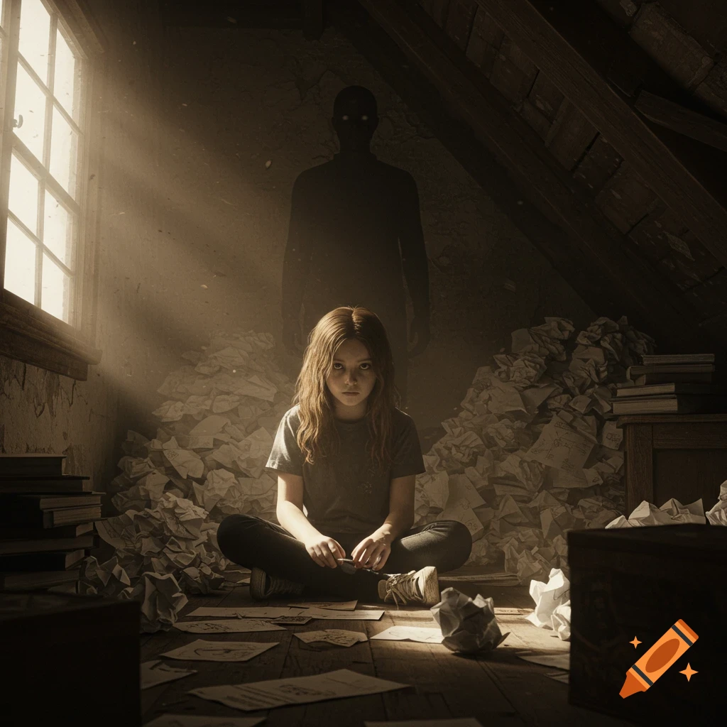 A young girl sits on an attic floor surrounded by crumpled papers, gazing at a tall, shadowy figure behind her.