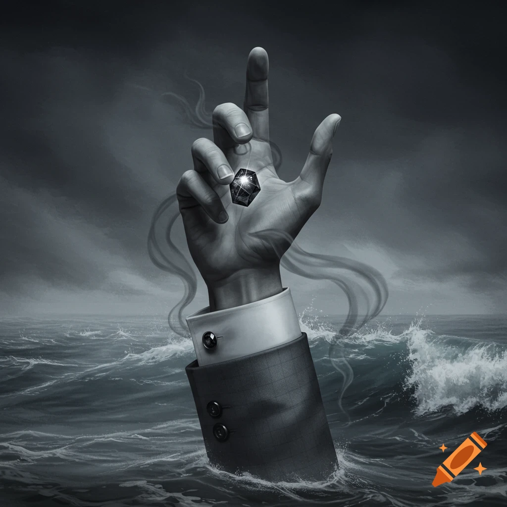 A bony hand in a grey suit sleeve emerges from dark, stormy waters, holding a glistening black gem, with dark mist swirling around it, in a surreal art style.