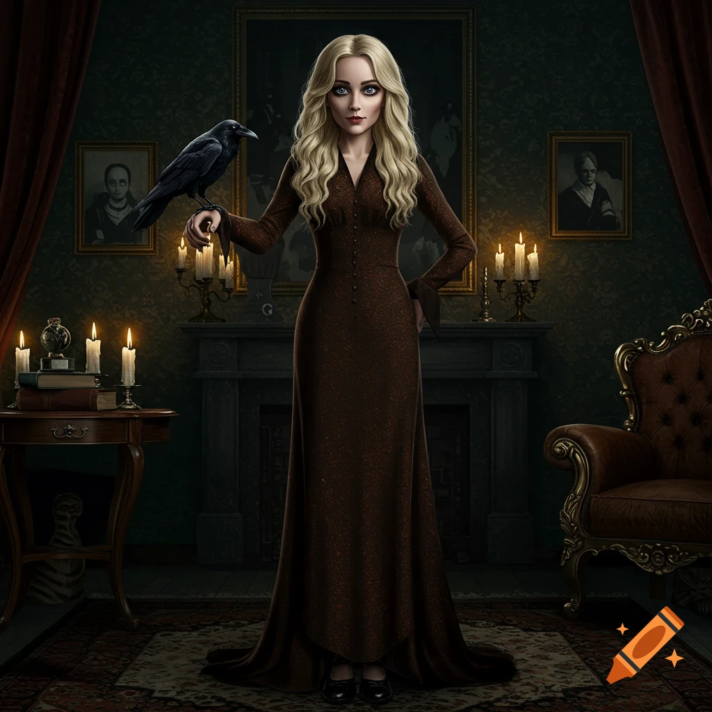 A tall woman with blonde hair in a long brown dress holds a crow in a dimly lit, gothic room with candles and portraits.