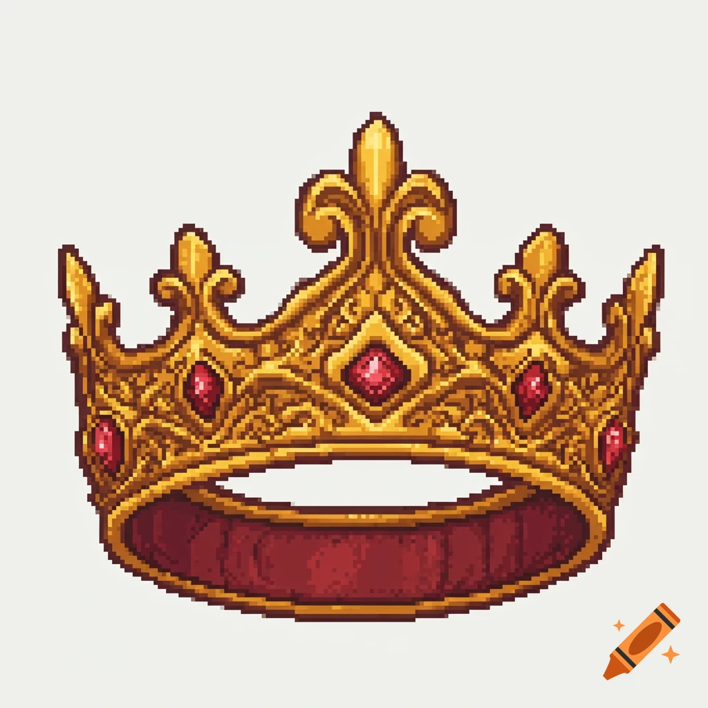 Pixel art golden medieval crown adorned with red jewels.