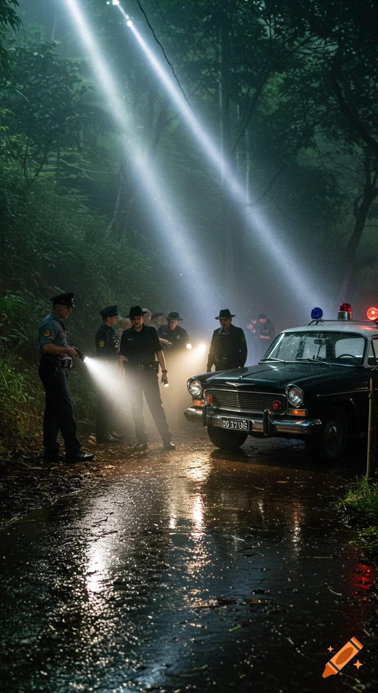 Photorealistic image of 1960s police officers with flashlights and a vintage patrol car investigating a rain-soaked forest scene at night.