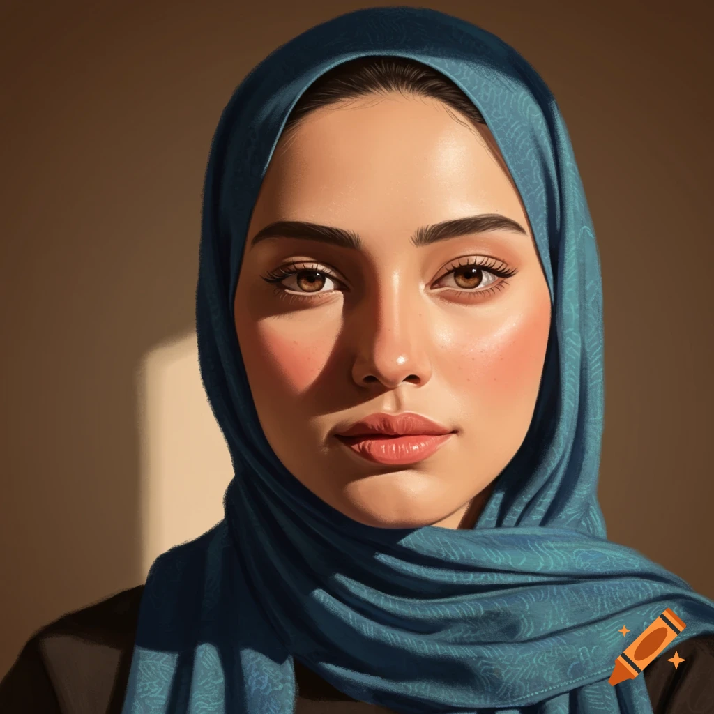 Close-up portrait of a woman with warm skin tones wearing a blue hijab, lit by soft light from the side.