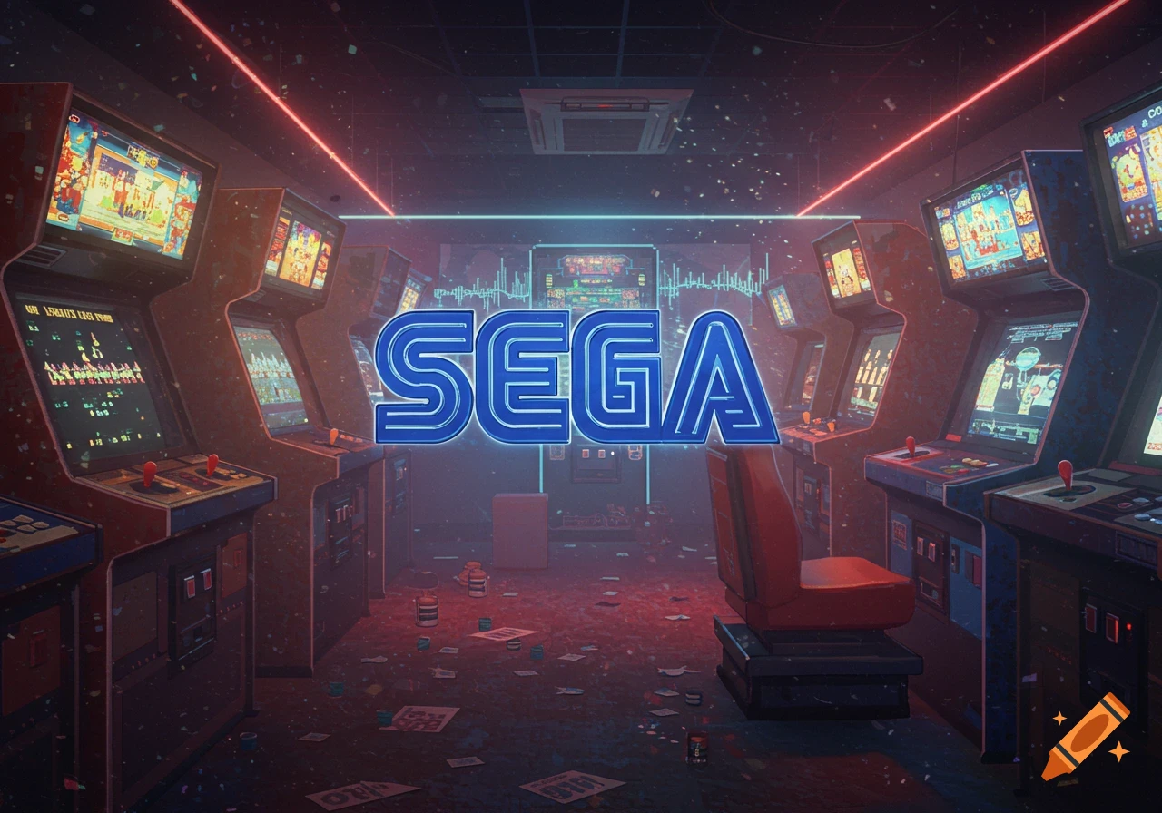 Neon blue SEGA logo in a dark, messy retro arcade with glowing cabinets and red neon lights.