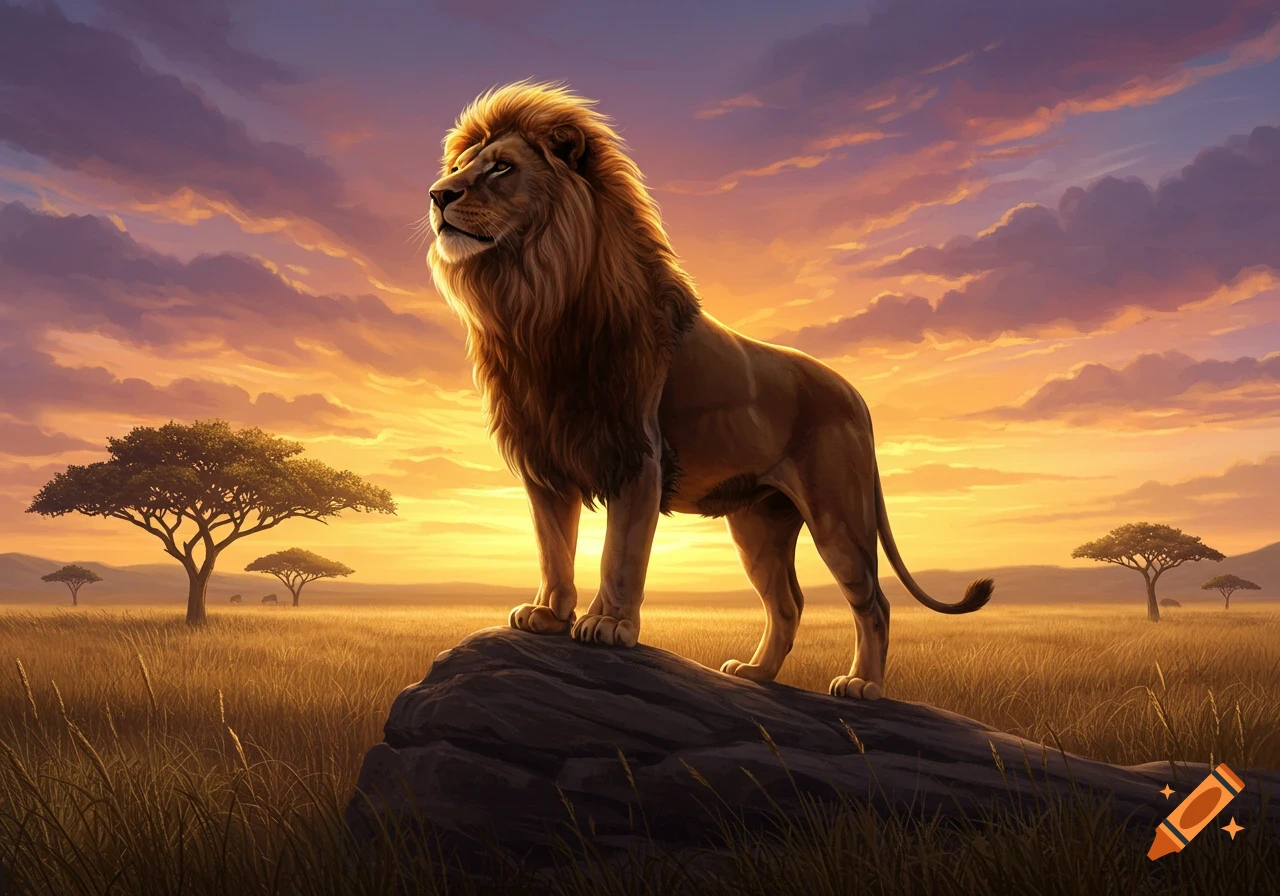 A majestic lion with a flowing mane stands proudly on a rock in a golden savanna landscape at sunset.