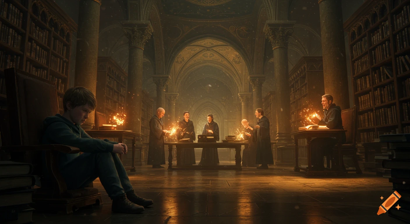 A cinematic view of a young boy sitting sadly in a dark, ornate magic library while mages practice glowing spells.