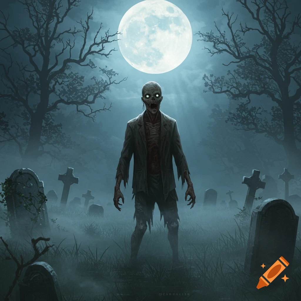 A stylized zombie with glowing eyes stands in a foggy graveyard under a large full moon, surrounded by bare trees and tombstones.