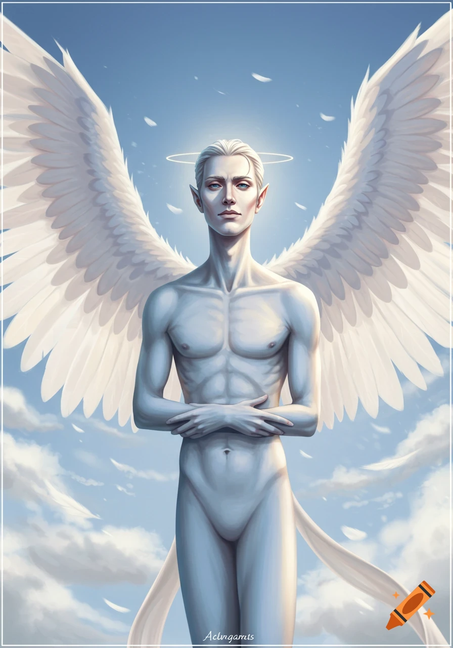 A slender male angel with white wings and elf-like ears stands against a blue sky with clouds and falling feathers.