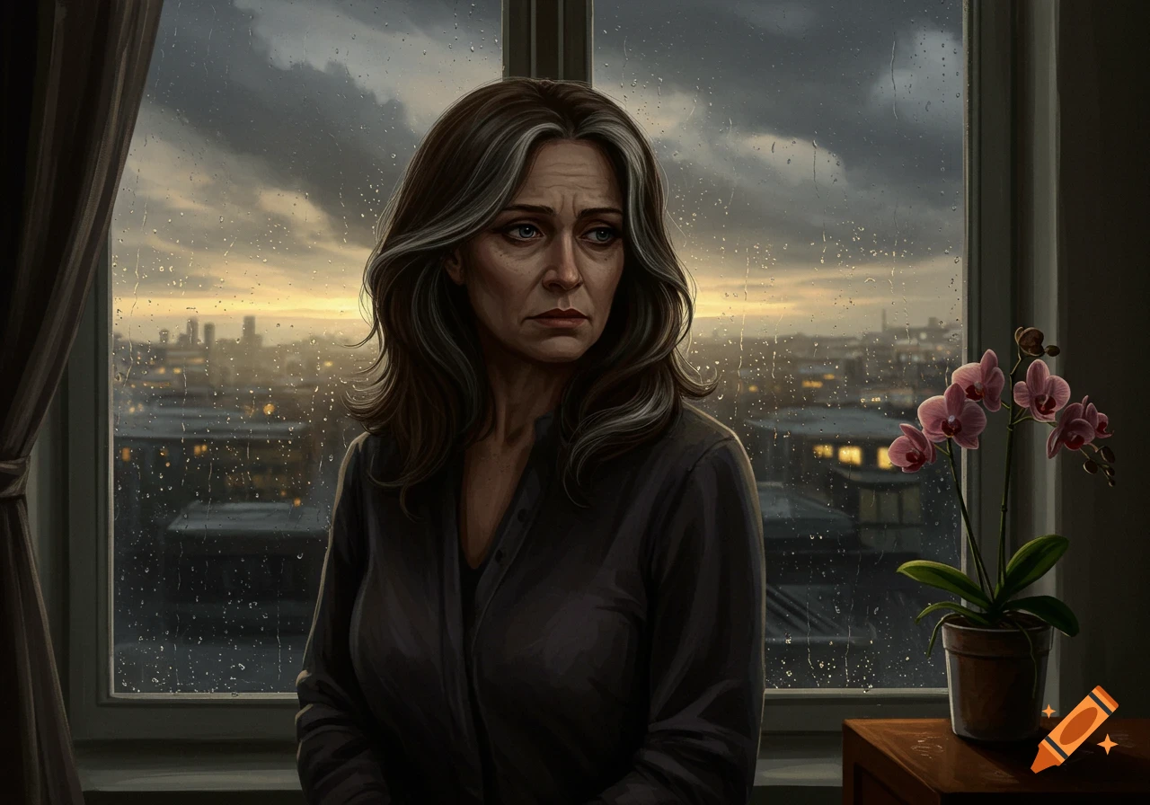 A sad woman with grey-streaked hair looks out a rainy window at a cityscape, with a pink orchid on a table.