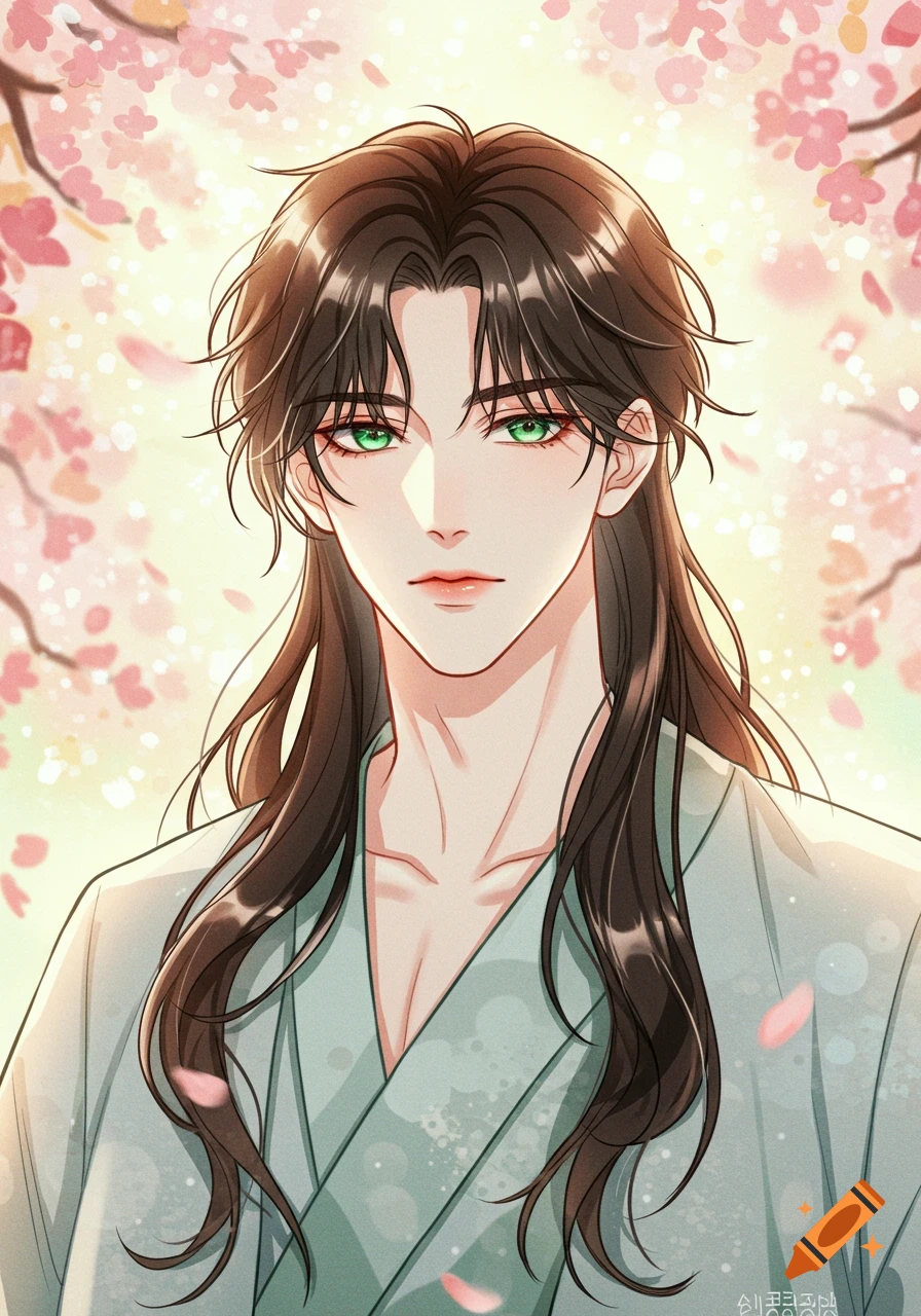 A young man with long dark wavy hair and emerald green eyes, in Korean manhwa style, surrounded by pink cherry blossoms.
