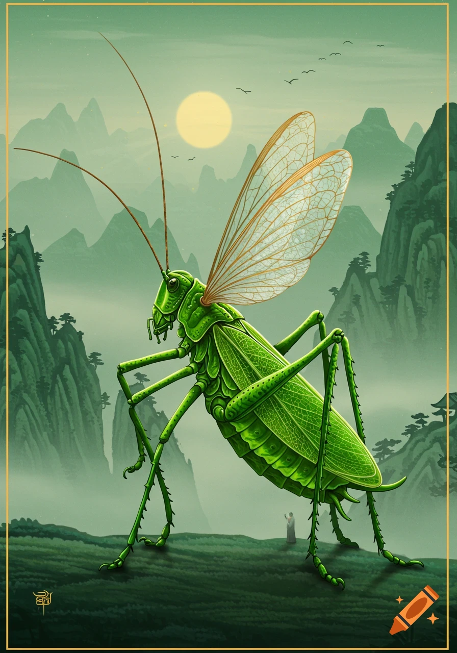 A giant green cricket with transparent wings stands on a grassy hill before misty mountains under a yellow sun, with a small person in the distance. Stylized art.