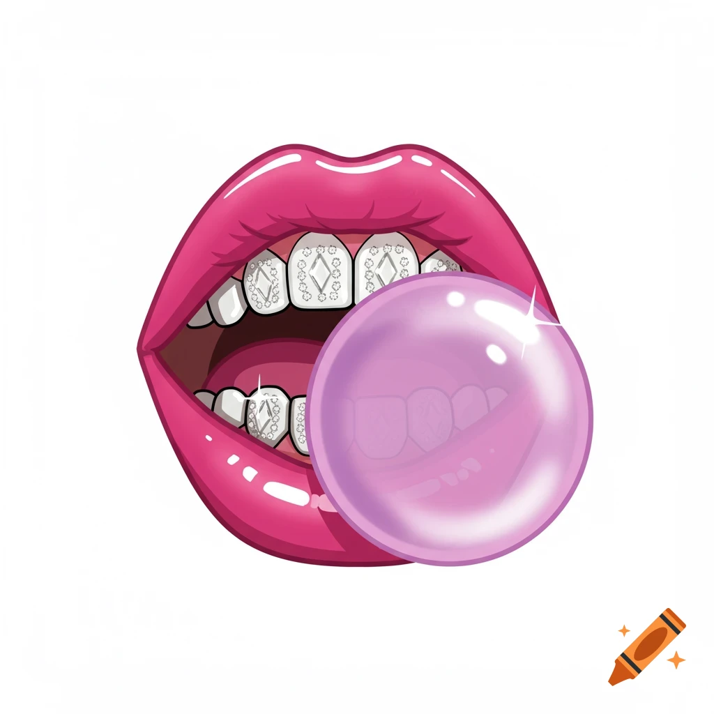 A stylized illustration of bright pink lips with diamond grillz blowing a large, glossy purple bubblegum bubble.