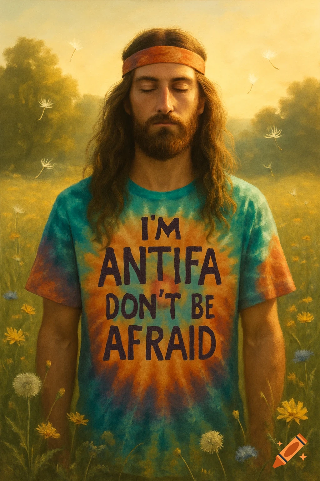 A peaceful, long-haired man with a beard and a headband stands in a golden wildflower field, wearing a tie-dye shirt that reads 'I'M ANTIFA DON'T BE AFRAID'.