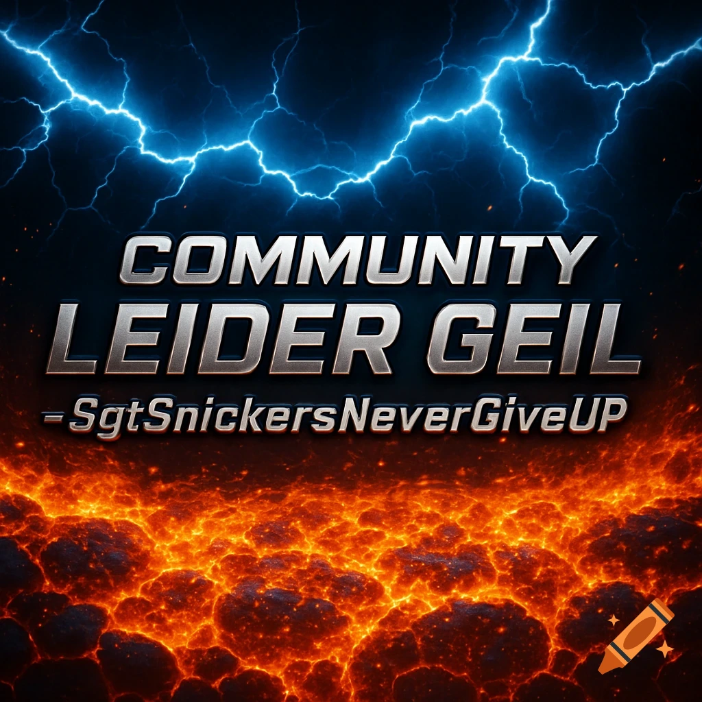 A bold metallic logo with the text "COMMUNITY LEIDER GEIL -SgtSnickersNeverGiveUP" against a background of blue lightning and red lava.