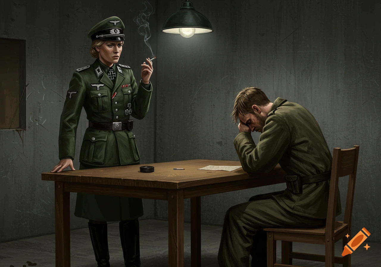 A female German officer with a cigarette stands over a slumped male GI at a table in a dimly lit interrogation room in a digital painting style.