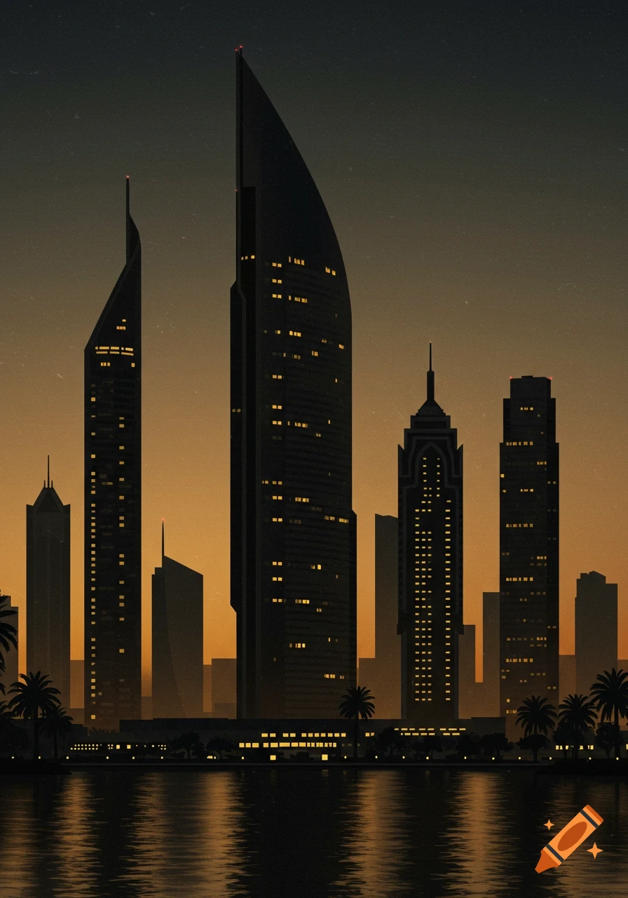 Stylized 2D cityscape at dusk with tall, dark buildings and illuminated windows reflected in water, palm trees on the waterfront.