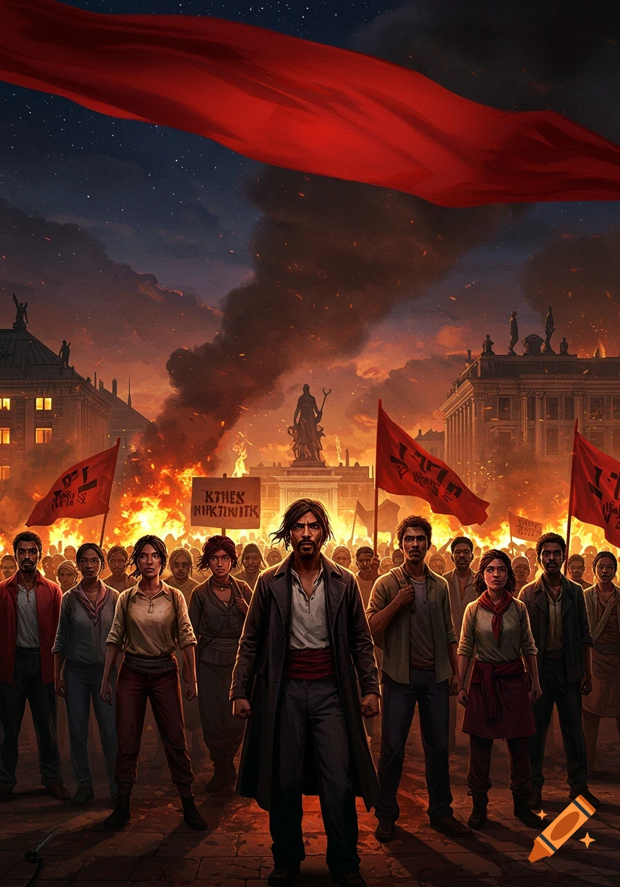 A dramatic, dark art style image of a diverse crowd marching in a city square under a large red flag, with fires and smoke rising from buildings at sunset.