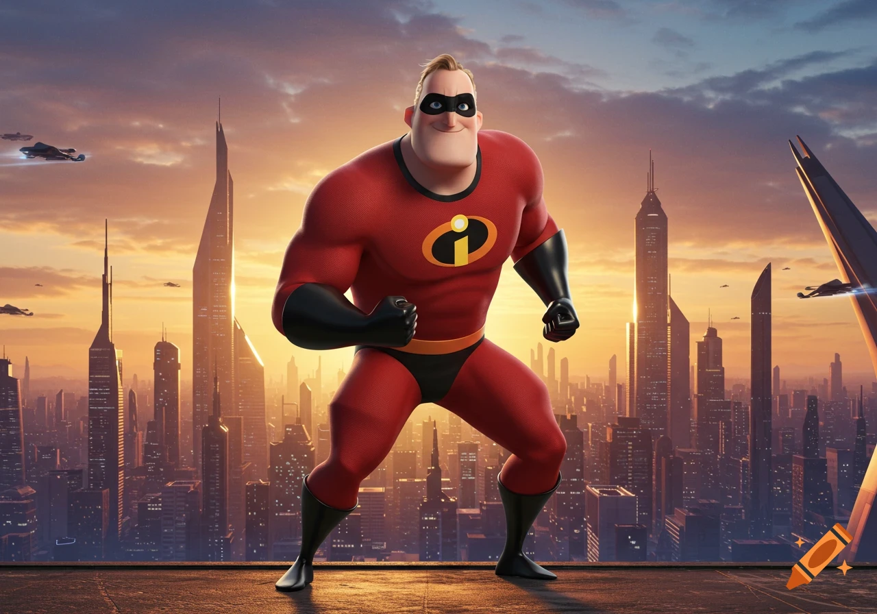 Mr. Incredible in his red superhero suit and black mask stands on a rooftop overlooking a futuristic city at sunset.