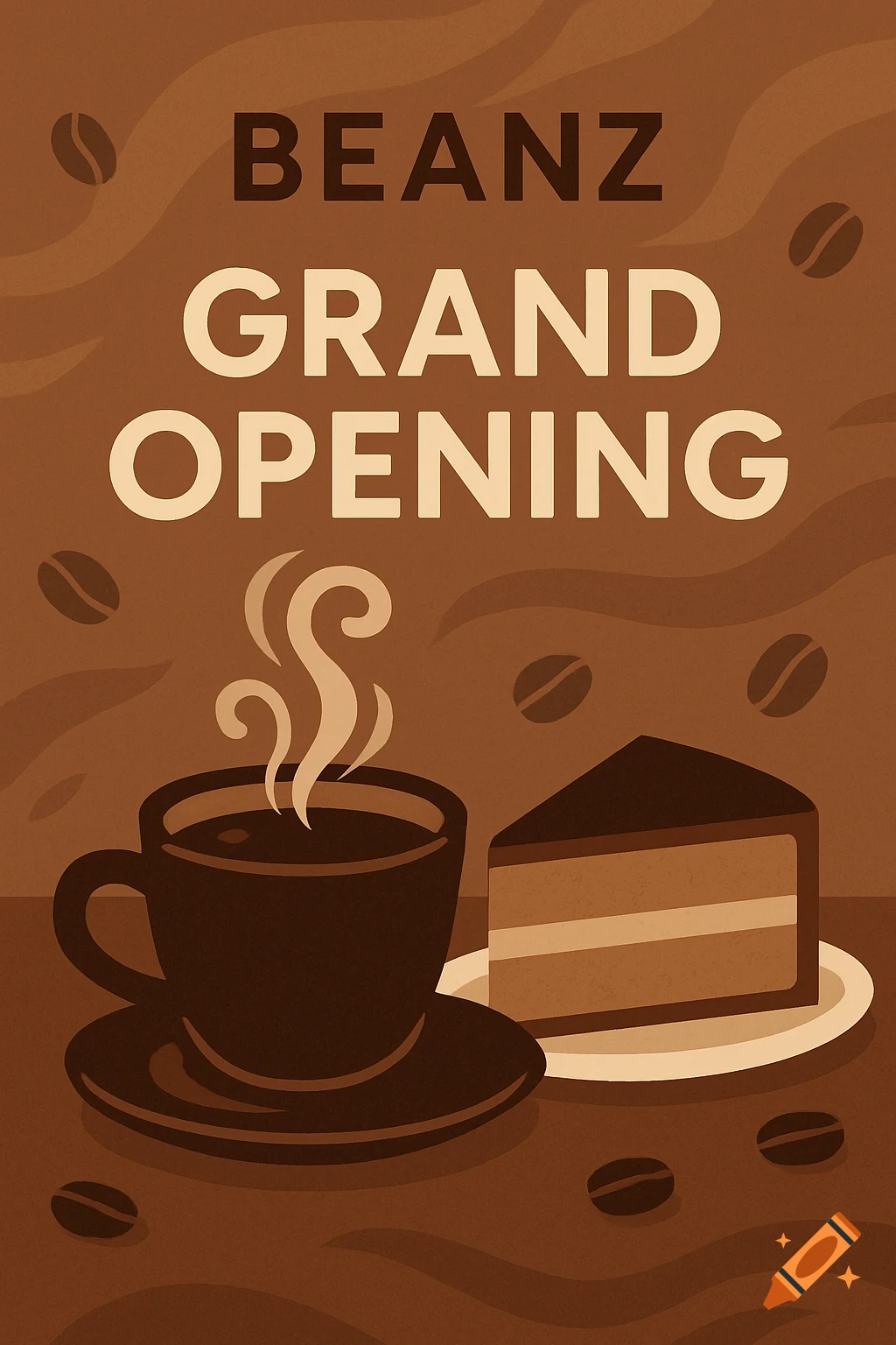 A brown-toned illustration advertisement for Beanz Grand Opening, featuring a steaming coffee cup and a slice of cake with coffee beans scattered around.