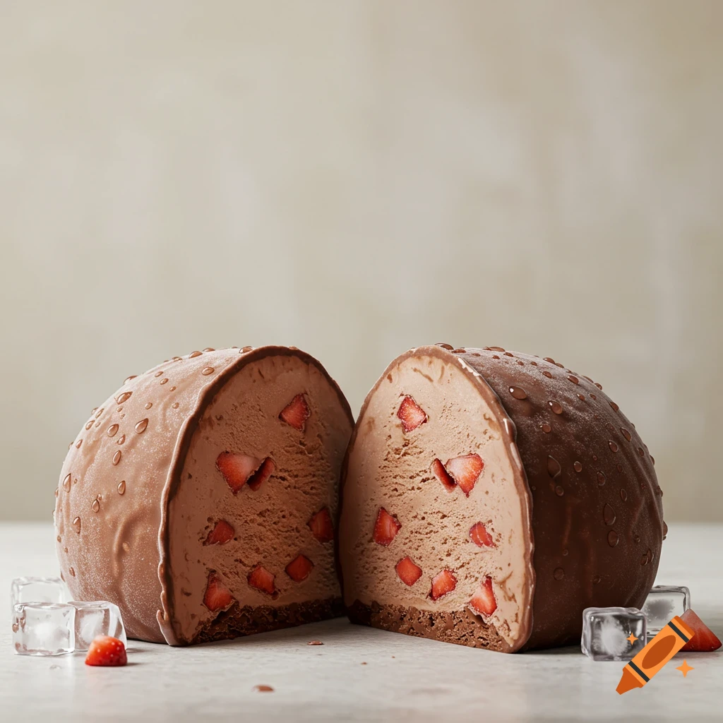 A chocolate-coated ice cream dessert, sliced in half to reveal creamy chocolate ice cream with strawberry pieces inside, surrounded by ice cubes.