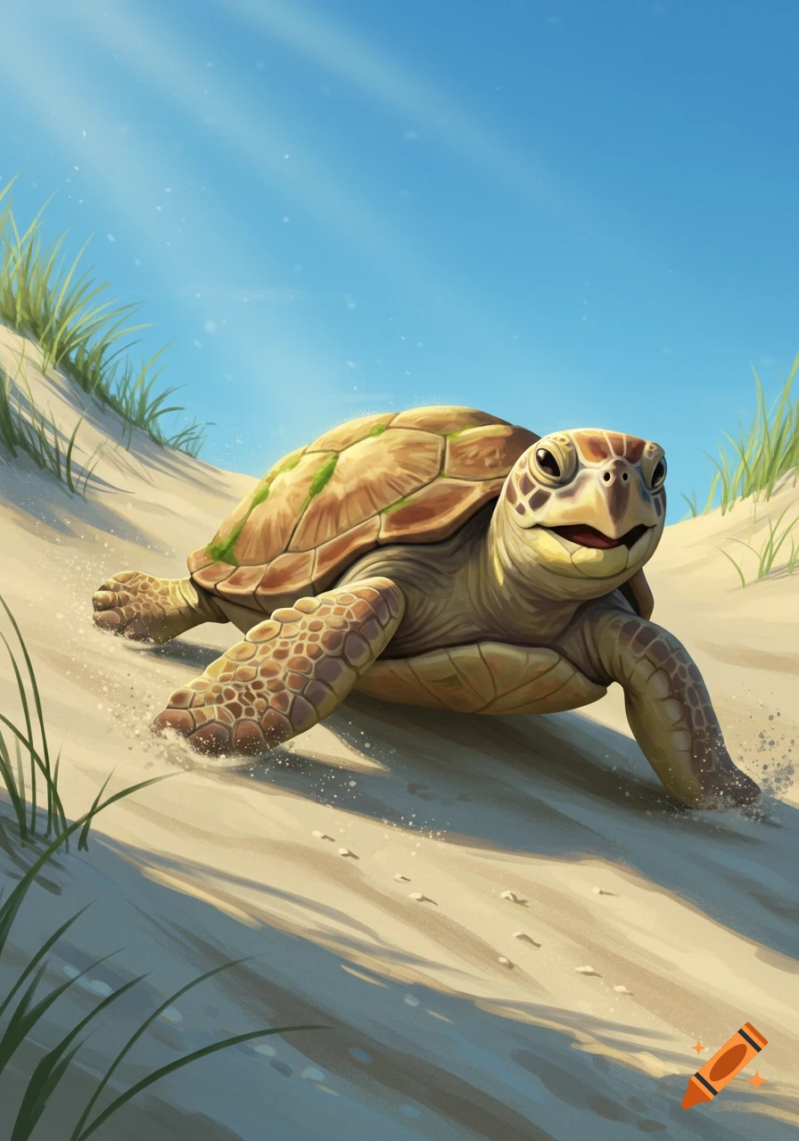 A smiling, cartoon-style turtle slides down a sandy dune toward the viewer under a bright blue sky.