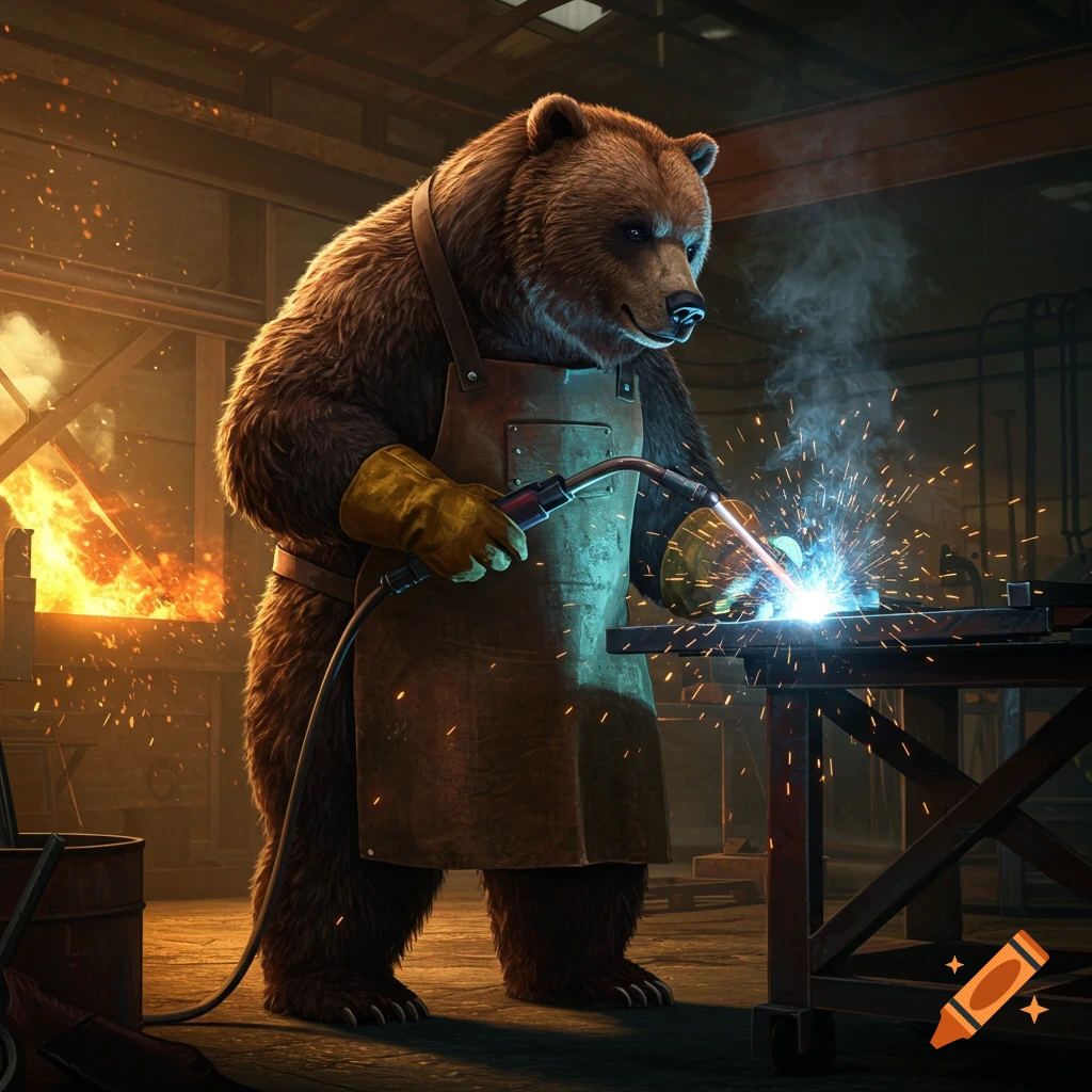 A brown bear wearing a leather apron and gloves is welding metal, casting bright sparks in a workshop.