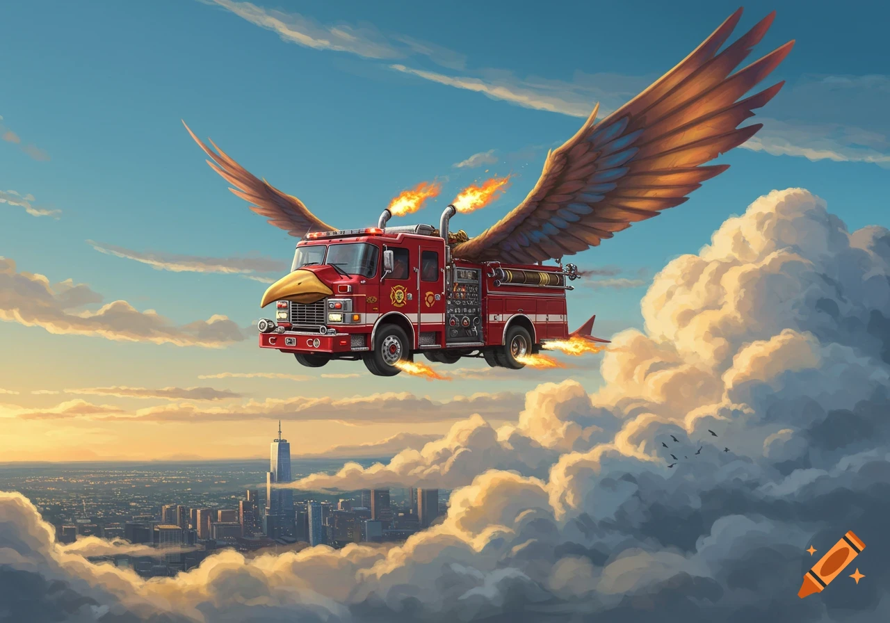 A fantastical red fire truck with large eagle wings and a yellow bird beak, flying through a cloudy sky over a city at sunset.
