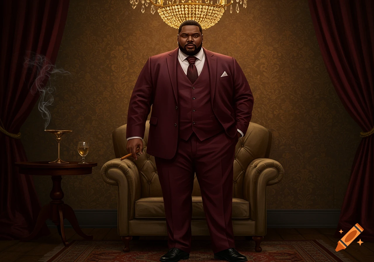 A distinguished man in a maroon three-piece suit stands holding a cigar in a lavish room under a sparkling chandelier.