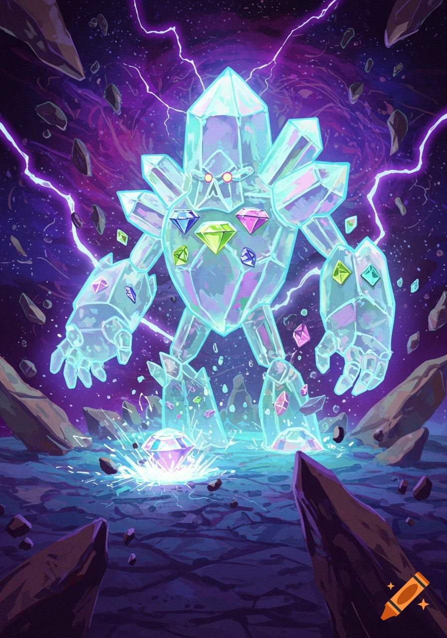 A glowing crystal monster with colorful gems on its chest stands on a rocky ground with lightning in a cosmic purple background.