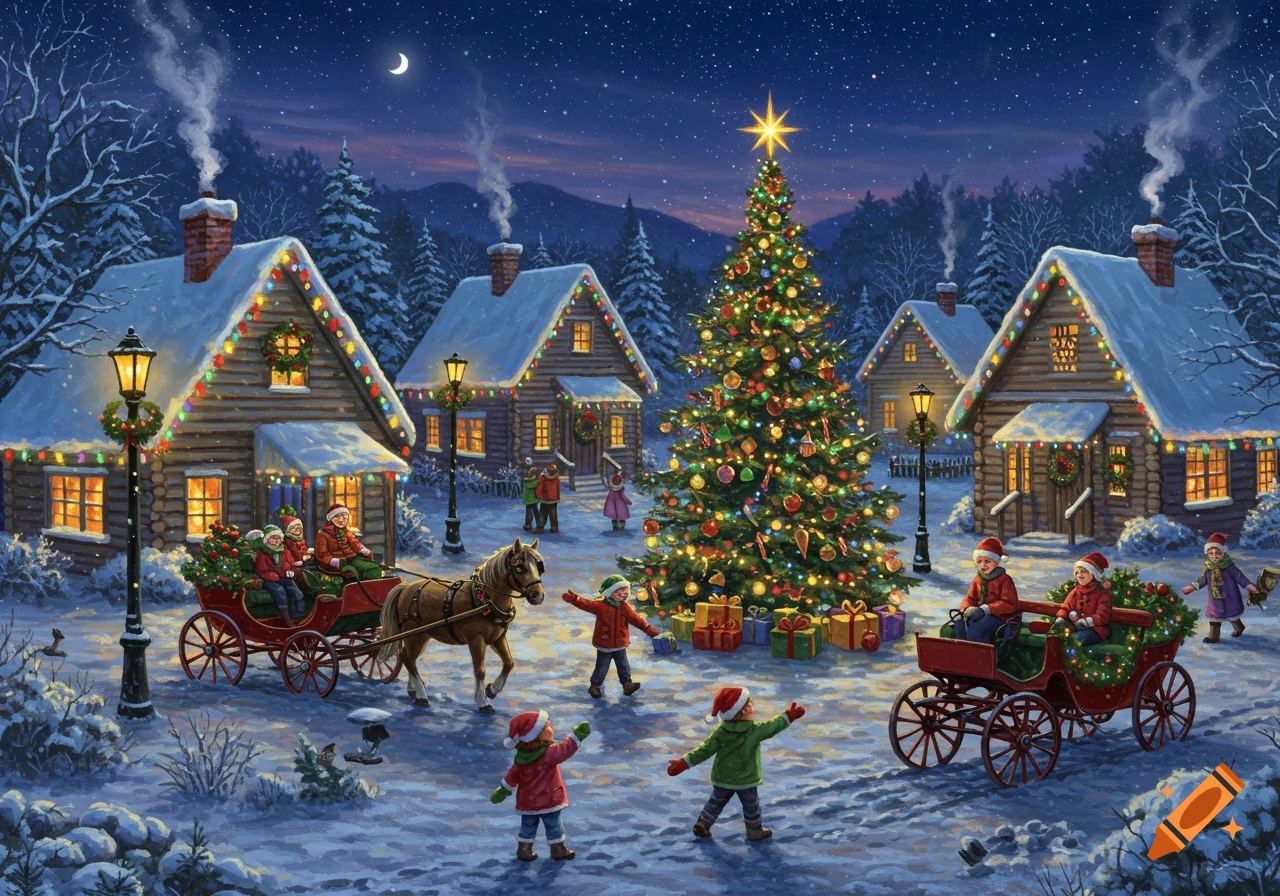 A detailed illustration of a snowy Christmas village at night, with festive lights, a large decorated tree, horse-drawn sleighs, and children playing.