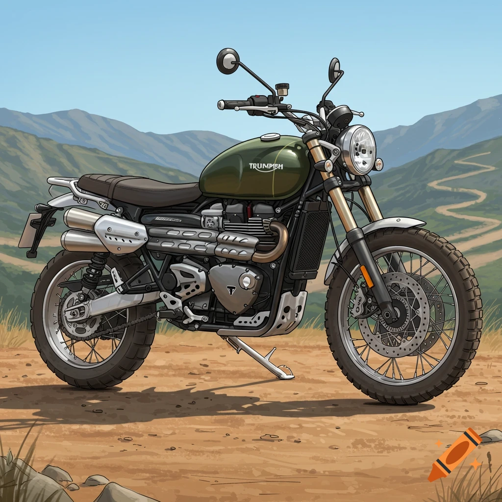 Detailed illustration of a green Triumph Scrambler motorcycle on a dirt road with mountains in the background.