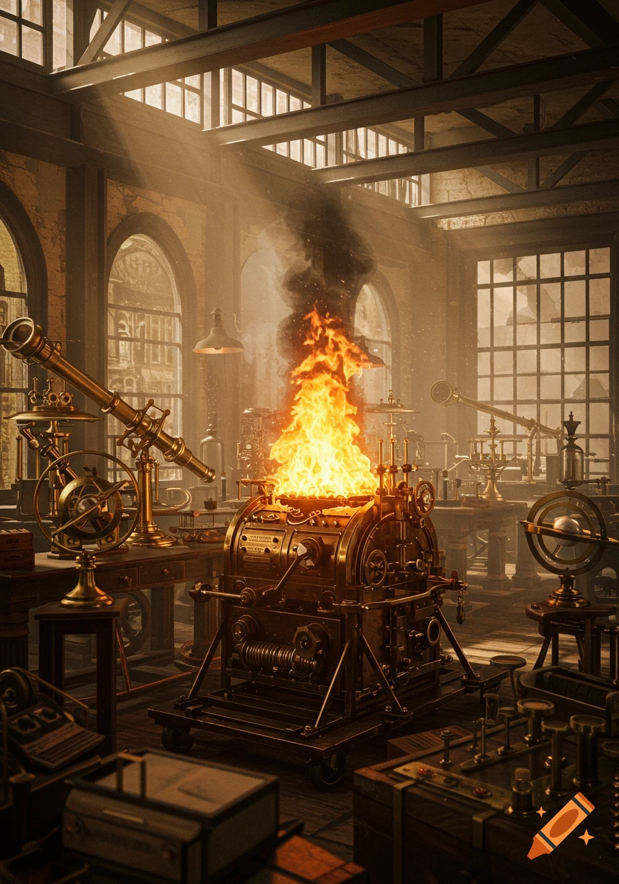 A detailed steampunk laboratory with a large, intricate brass machine in the center engulfed in bright flames and smoke.