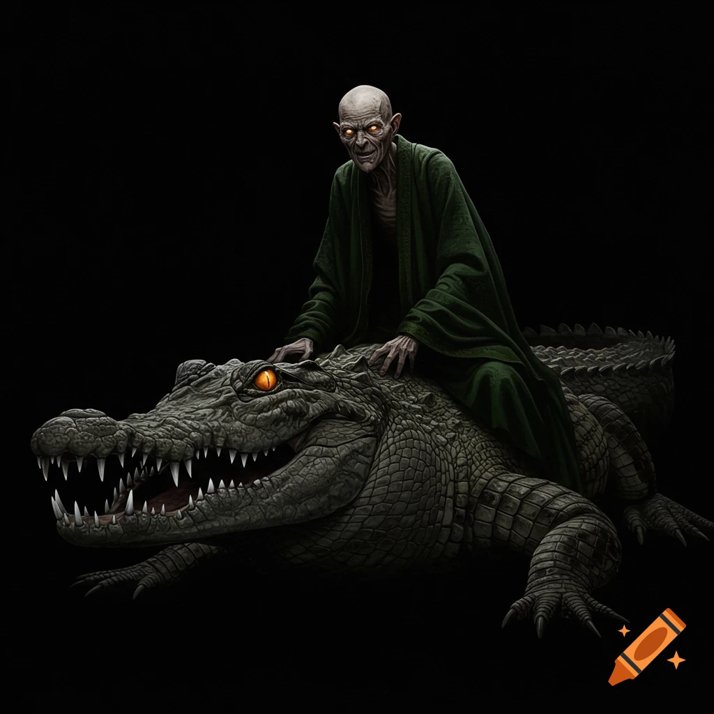 A gaunt old man in a green robe with glowing yellow eyes rides a large, snarling crocodile with glowing orange eyes in a black void.